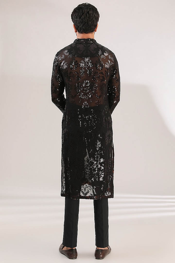 Black Georgette Sequins Embroidered Kurta Set by Rabani & Rakha Men at Pernia's Pop Up Shop