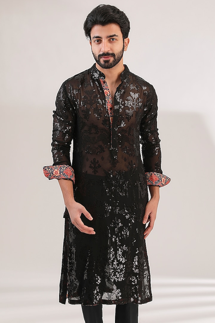 Black Georgette Sequins Embroidered Kurta Set by Rabani & Rakha Men at Pernia's Pop Up Shop