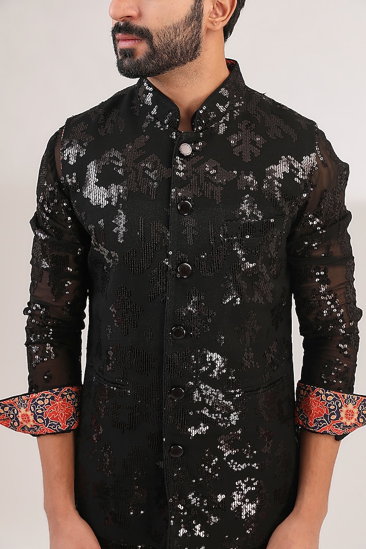 Black Georgette Sequins Embroidered Bundi Jacket Set by Rabani & Rakha Men at Pernia's Pop Up Shop