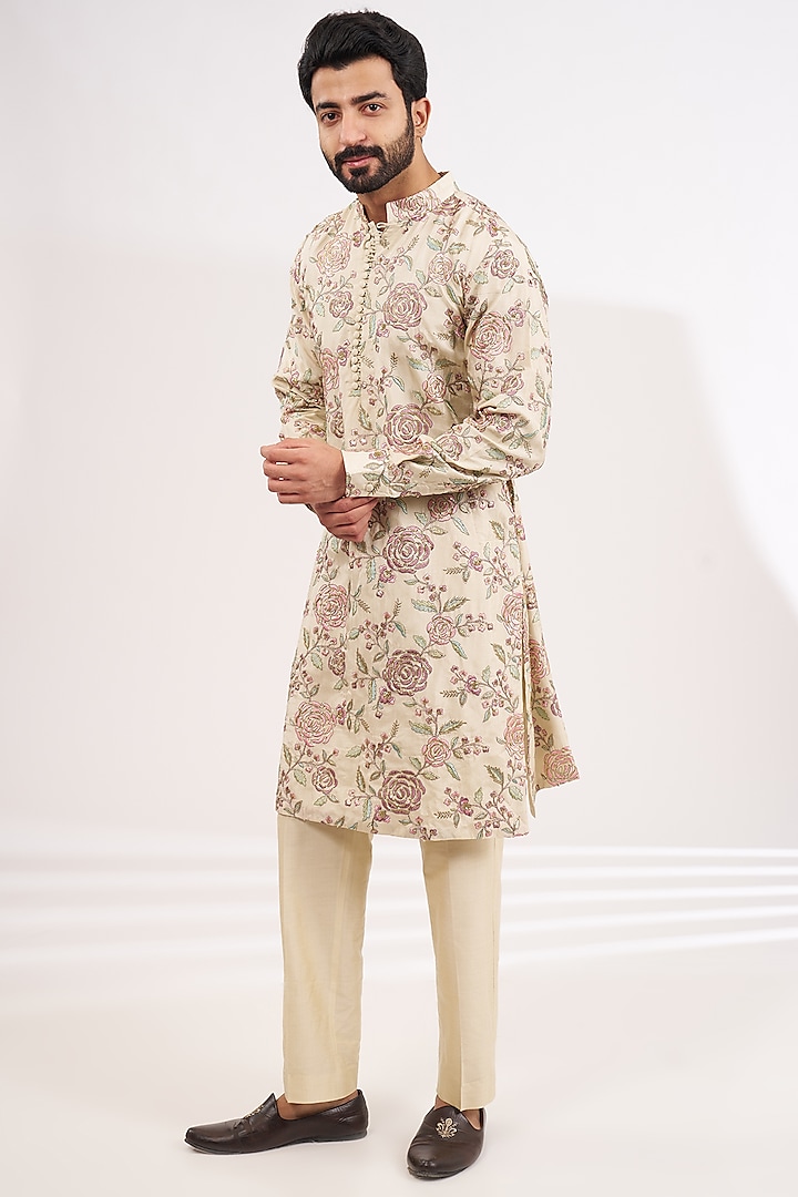 Cream Dupion Silk Thread Embroidred Kurta Set by Rabani & Rakha Men