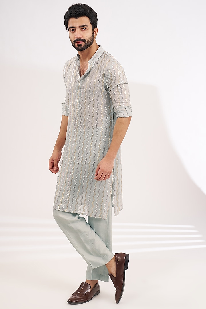 Silver Grey Silk Sequins Embroidered Kurta Set by Rabani & Rakha Men