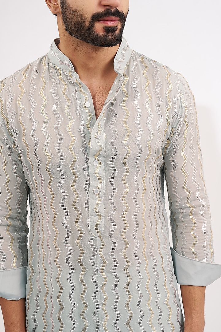 Silver Grey Silk Sequins Embroidered Kurta Set by Rabani & Rakha Men at Pernia's Pop Up Shop