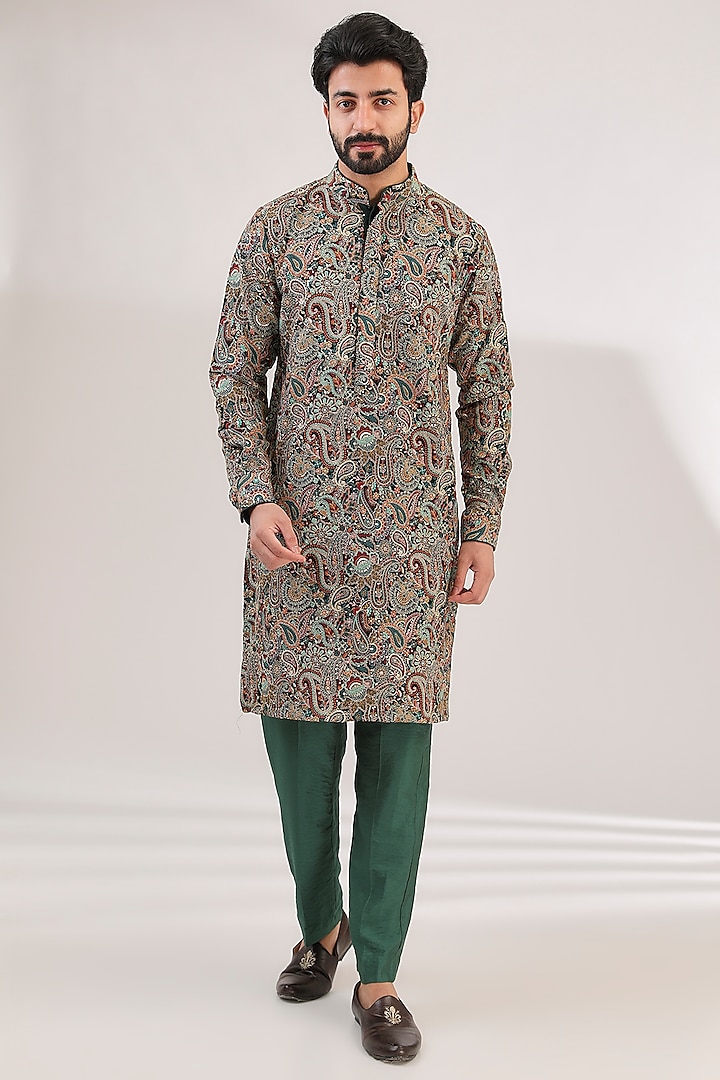 Bottle Green Georgette Printed & Sequins Embroidered Kurta Set by Rabani & Rakha Men