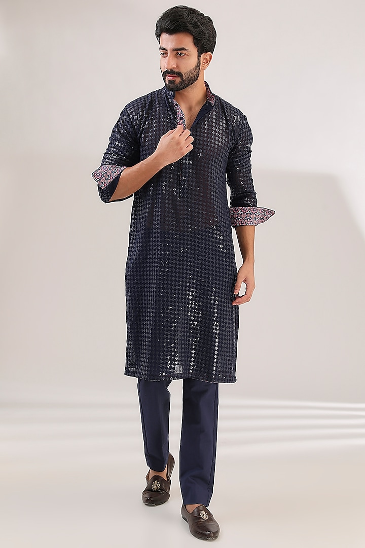 Blue Georgette Printed & Sequins Embroidered Kurta Set by Rabani & Rakha Men at Pernia's Pop Up Shop