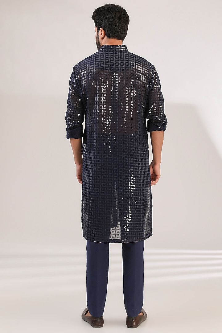 Blue Georgette Printed & Sequins Embroidered Kurta Set by Rabani & Rakha Men at Pernia's Pop Up Shop