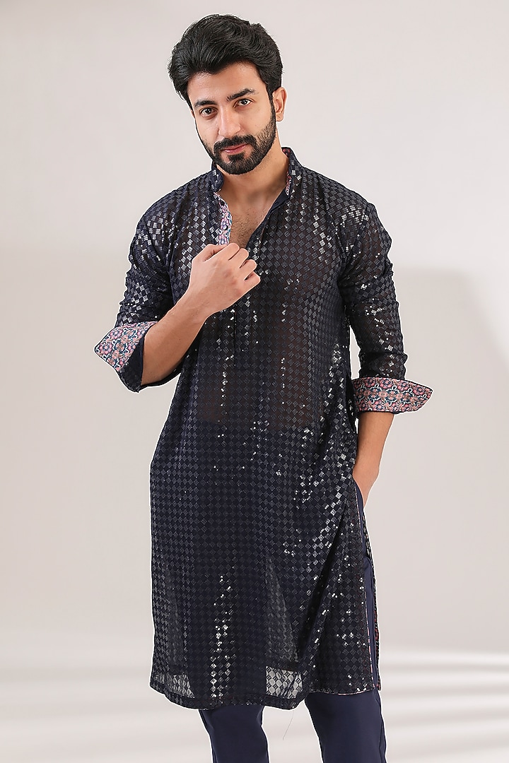 Blue Georgette Printed & Sequins Embroidered Kurta Set by Rabani & Rakha Men at Pernia's Pop Up Shop