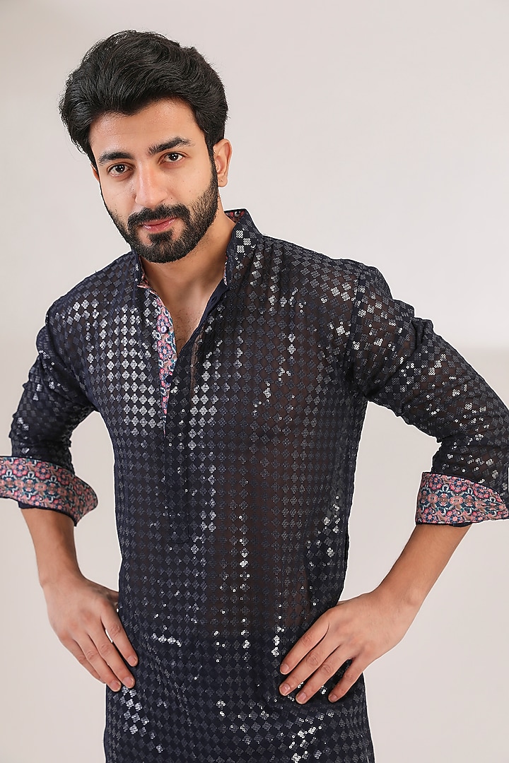 Blue Georgette Printed & Sequins Embroidered Kurta Set by Rabani & Rakha Men at Pernia's Pop Up Shop