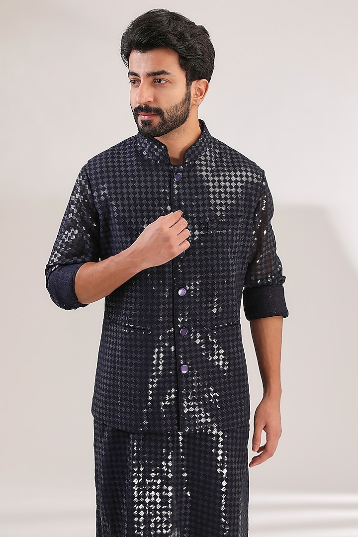 Blue Georgette Printed & Sequins Embroidered Bundi Jacket Set by Rabani & Rakha Men