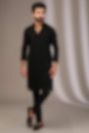 Black Georgette Thread & Sequins Embroidered Kurta Set by Rabani & Rakha Men