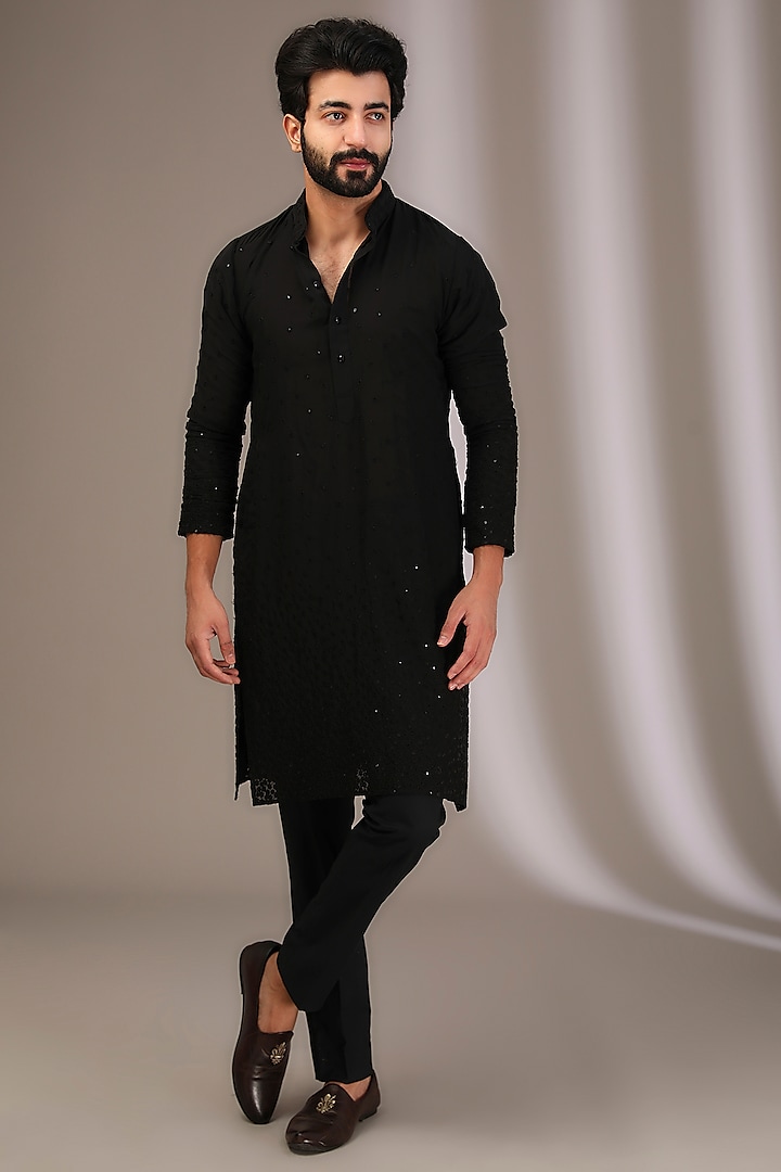 Black Georgette Thread & Sequins Embroidered Kurta Set by Rabani & Rakha Men