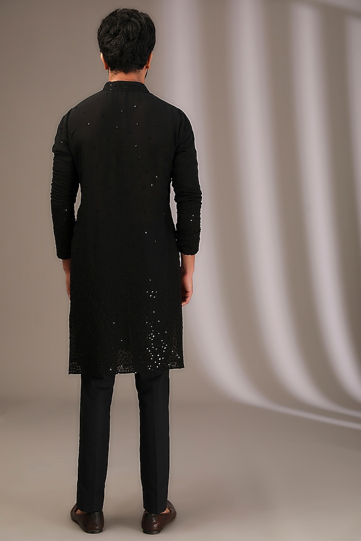 Black Georgette Thread & Sequins Embroidered Kurta Set by Rabani & Rakha Men at Pernia's Pop Up Shop
