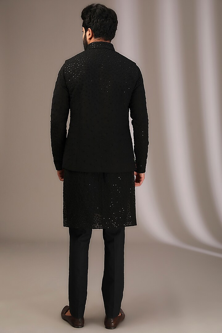 Black Georgette Thread & Sequins Embroidered Bundi Jacket by Rabani & Rakha Men at Pernia's Pop Up Shop