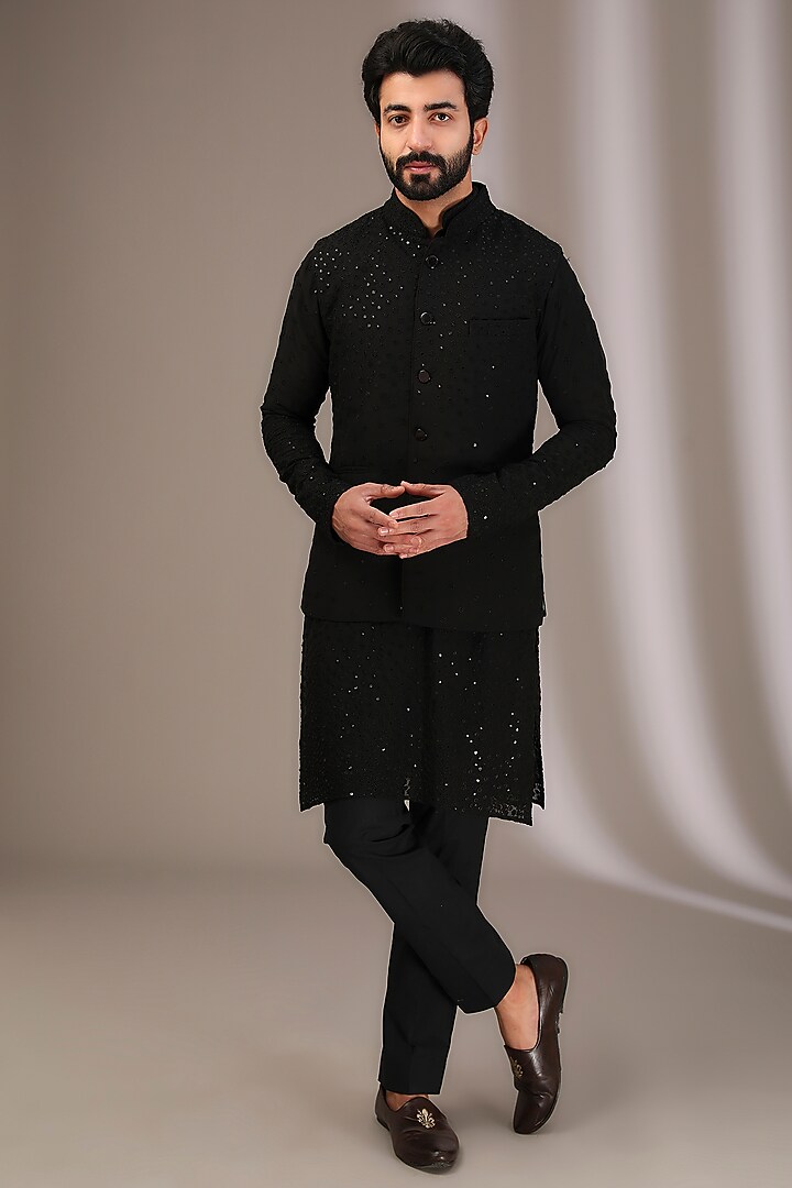 Black Georgette Thread & Sequins Embroidered Bundi Jacket by Rabani & Rakha Men at Pernia's Pop Up Shop