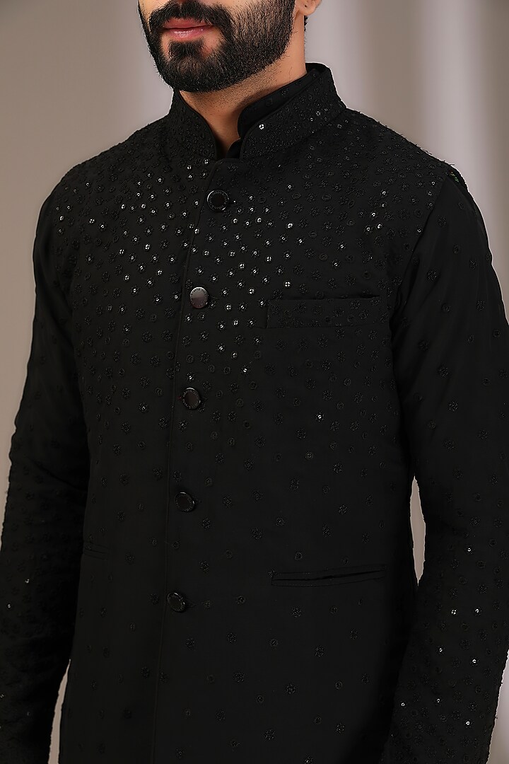Black Georgette Thread & Sequins Embroidered Bundi Jacket by Rabani & Rakha Men at Pernia's Pop Up Shop