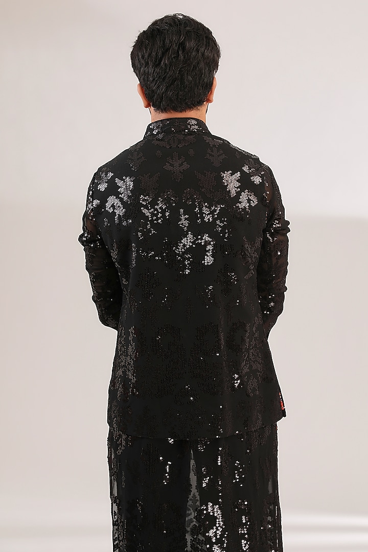 Black Georgette Sequins Embroidered Bundi Jacket by Rabani & Rakha Men at Pernia's Pop Up Shop
