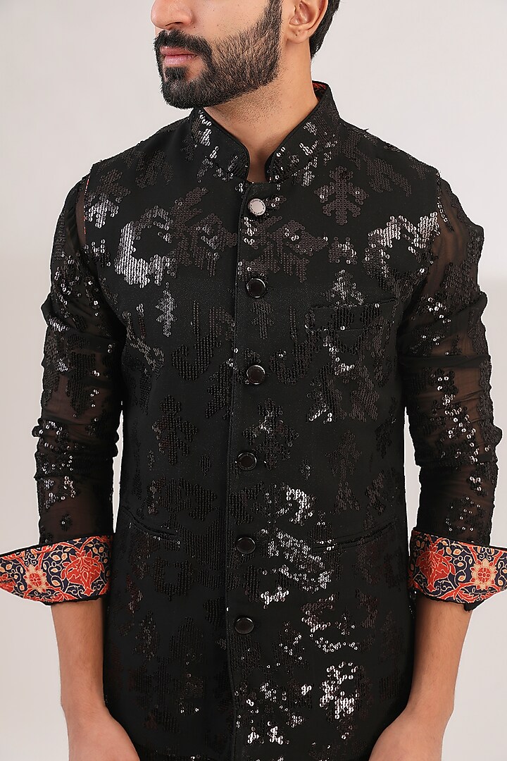 Black Georgette Sequins Embroidered Bundi Jacket by Rabani & Rakha Men at Pernia's Pop Up Shop