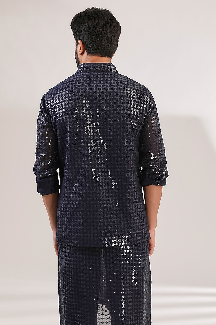 Blue Georgette Printed & Sequins Embroidered Bundi Jacket by Rabani & Rakha Men at Pernia's Pop Up Shop