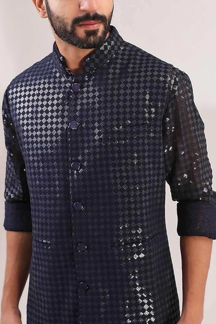 Blue Georgette Printed & Sequins Embroidered Bundi Jacket by Rabani & Rakha Men at Pernia's Pop Up Shop
