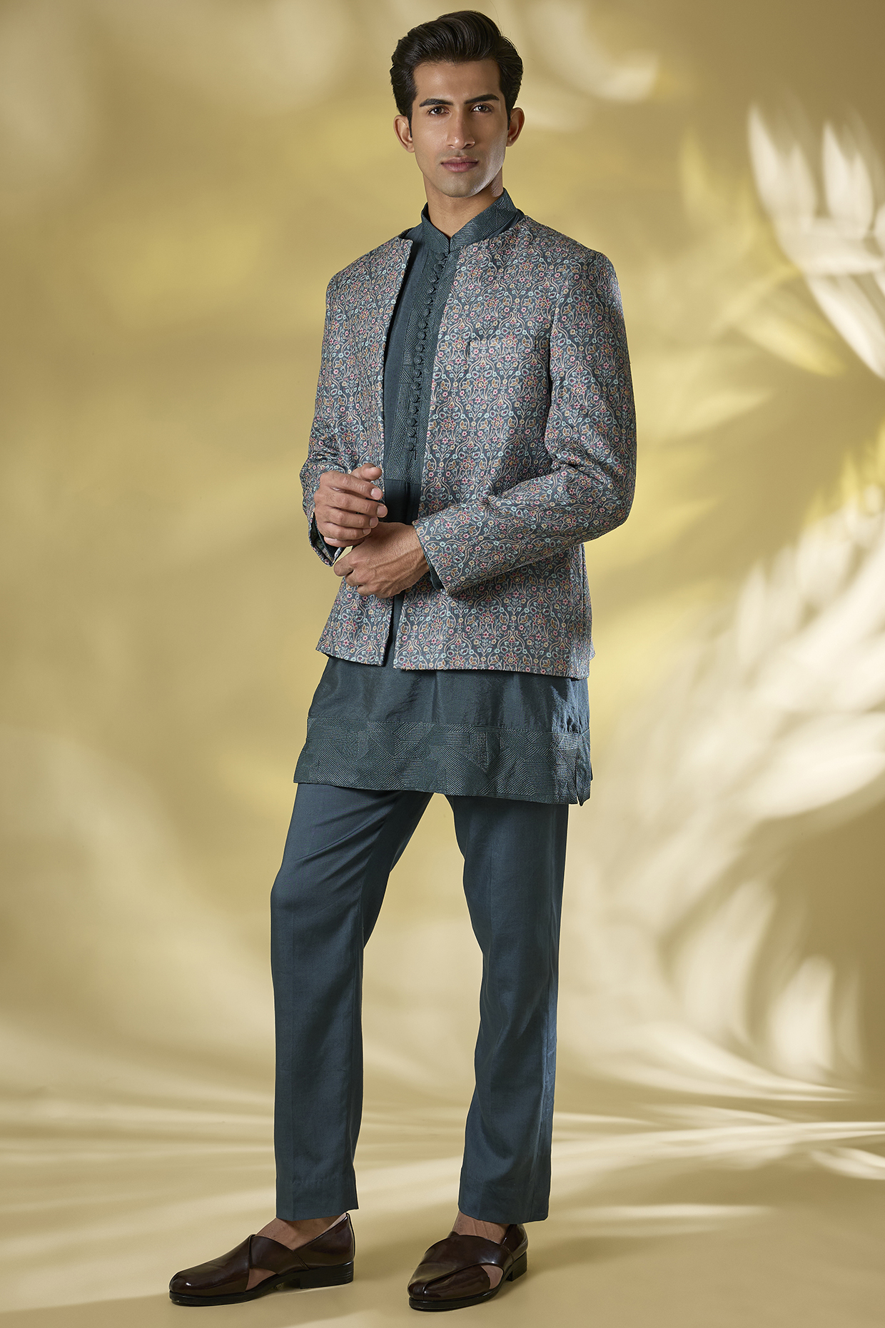 Teal Dola Silk Thread Embroidered Indo-Western Set by Rabani & Rakha Men