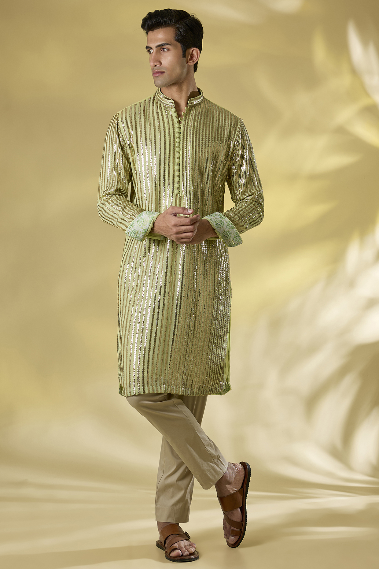 Lime Green Georgette Gota Embroidered Kurta Set by Rabani & Rakha Men