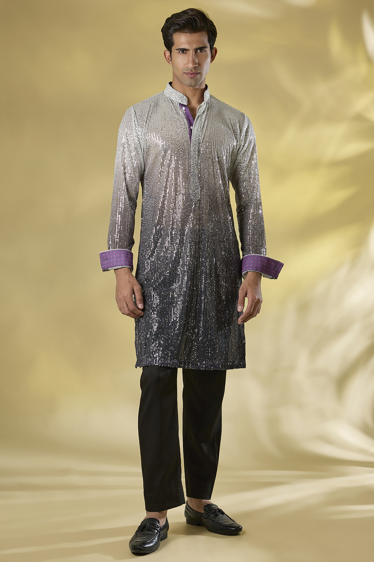 Ivory & Charcoal Grey Georgette Sequins Work Shaded Kurta Set by Rabani & Rakha Men