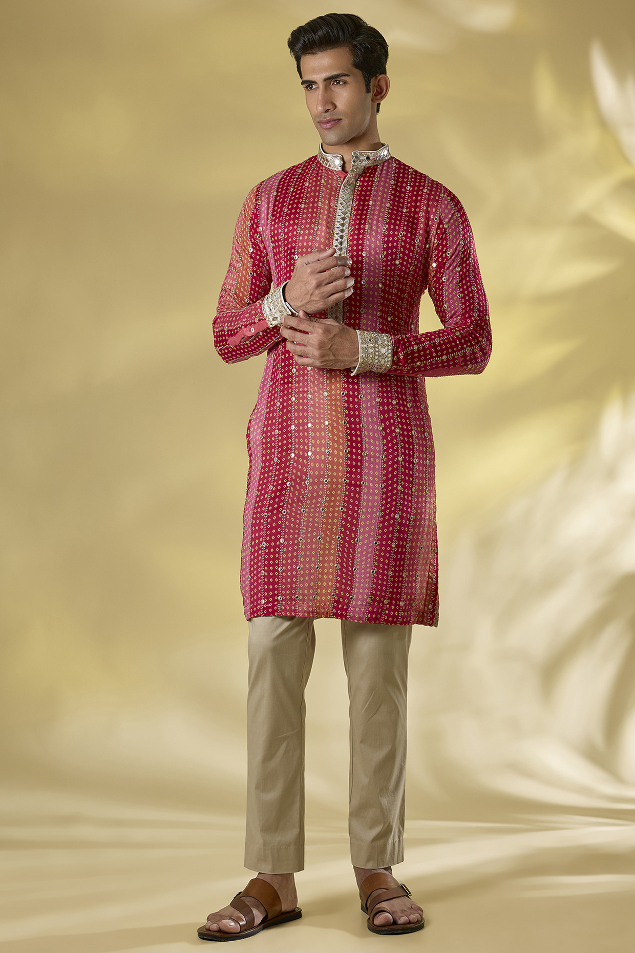 Red Georgette Mirror Work Bandhani Kurta Set by Rabani & Rakha Men