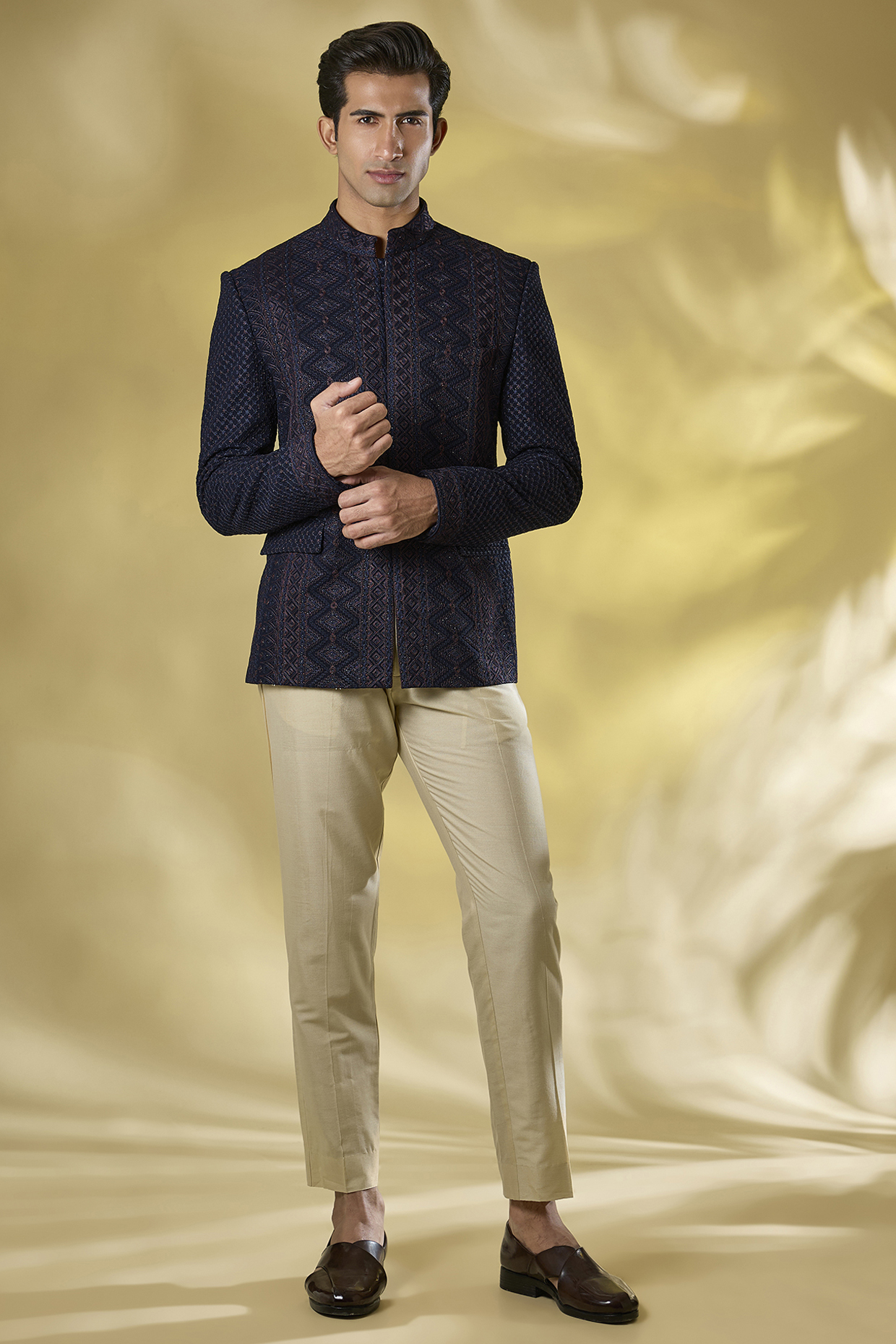 Dark Blue Georgette Sequins & Thread Work Bandhgala Set by Rabani & Rakha Men