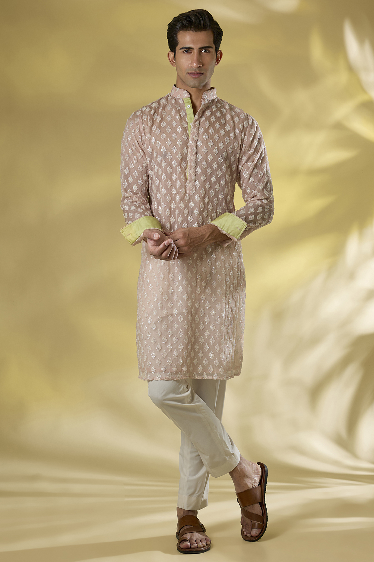 Blush Pink Organza Sequins Embroidered Kurta Set by Rabani & Rakha Men