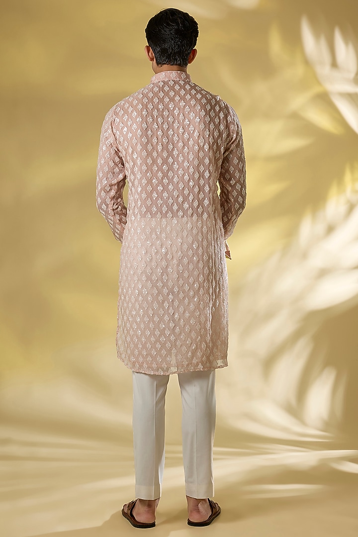 Blush Pink Organza Thread Work Kurta Set by Rabani & Rakha Men at Pernia's Pop Up Shop