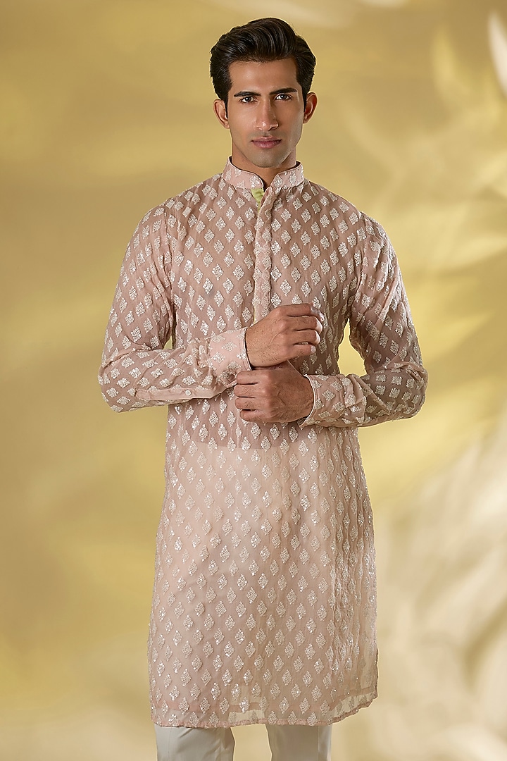 Blush Pink Organza Thread Work Kurta Set by Rabani & Rakha Men at Pernia's Pop Up Shop