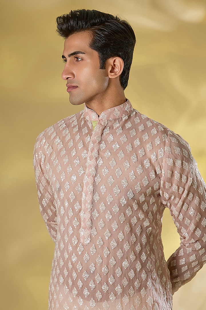 Blush Pink Organza Thread Work Kurta Set by Rabani & Rakha Men at Pernia's Pop Up Shop