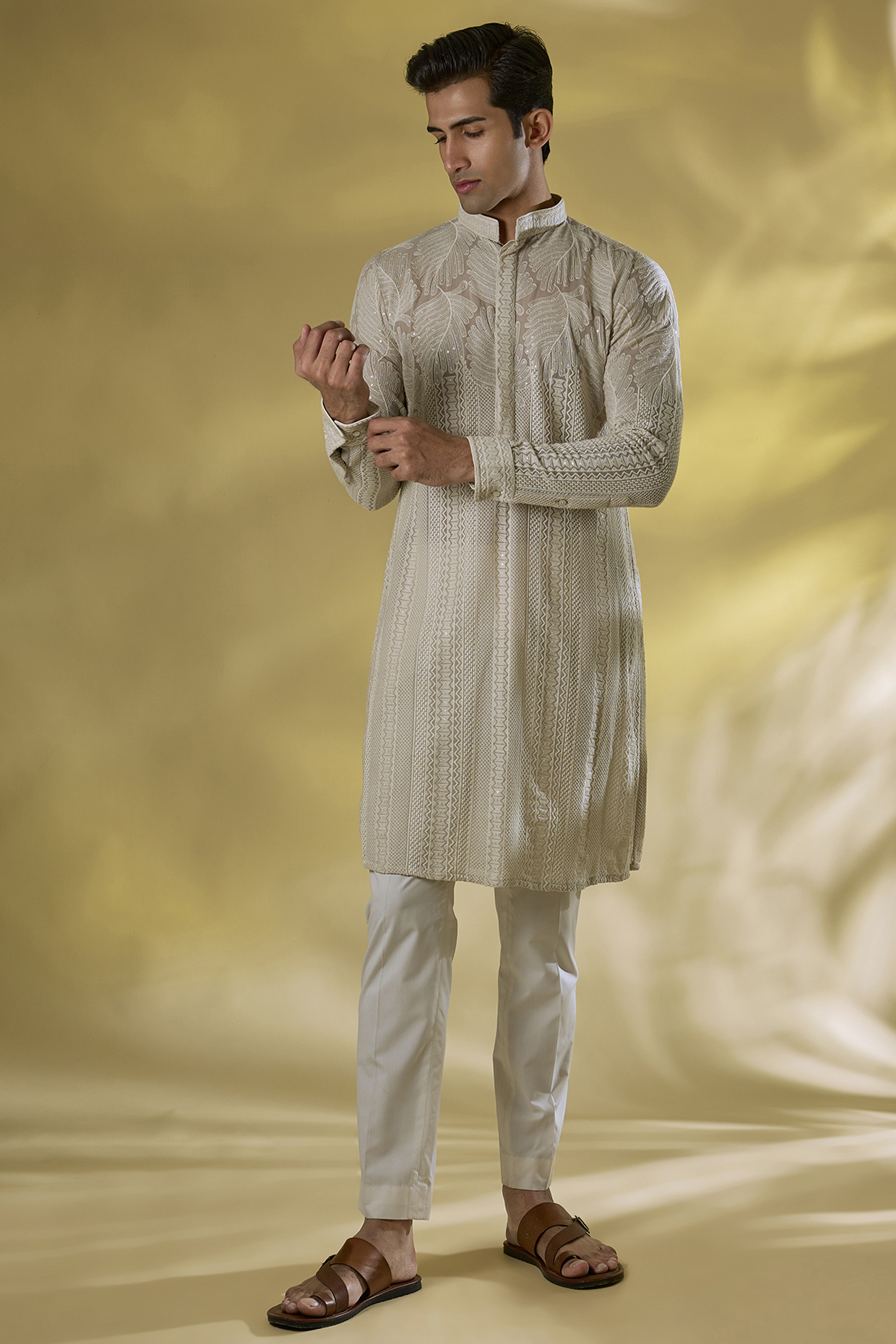 Grey Georgette Thread & Jaal Embroidered Kurta Set by Rabani & Rakha Men