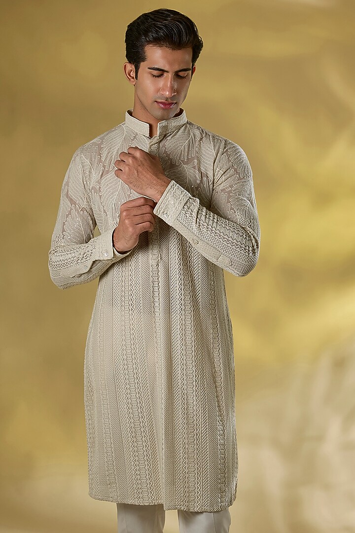 Grey Georgette Thread & Jaal Embroidered Kurta Set by Rabani & Rakha Men at Pernia's Pop Up Shop