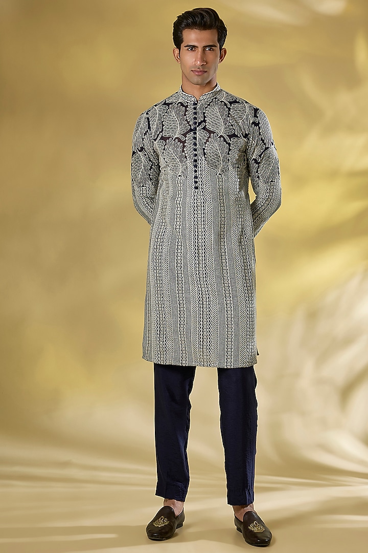 Dark Blue Georgette Thread Embroidered Kurta Set by Rabani & Rakha Men at Pernia's Pop Up Shop
