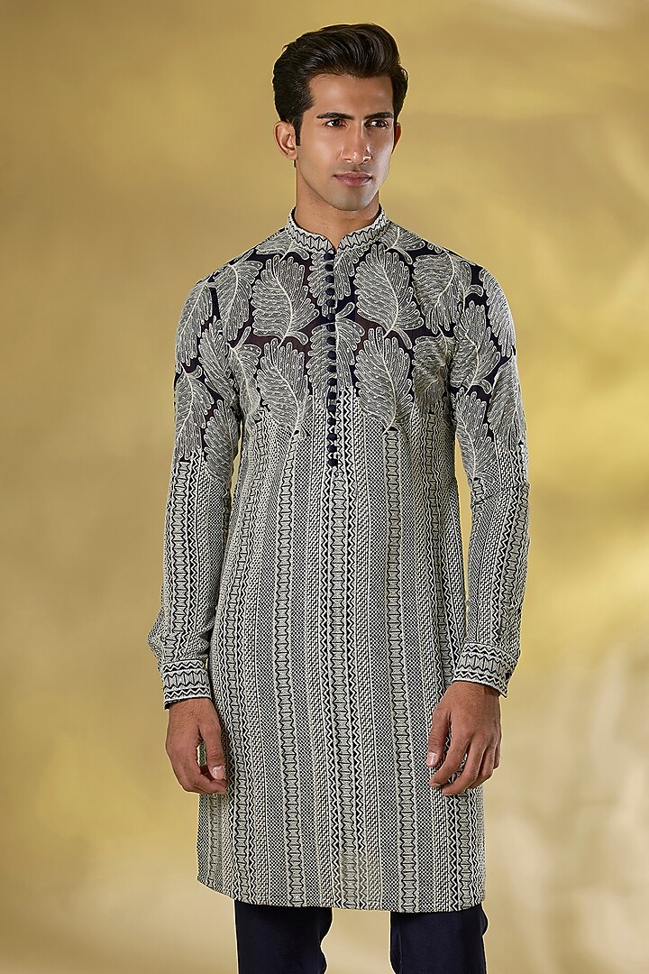 Dark Blue Georgette Thread Embroidered Kurta Set by Rabani & Rakha Men at Pernia's Pop Up Shop