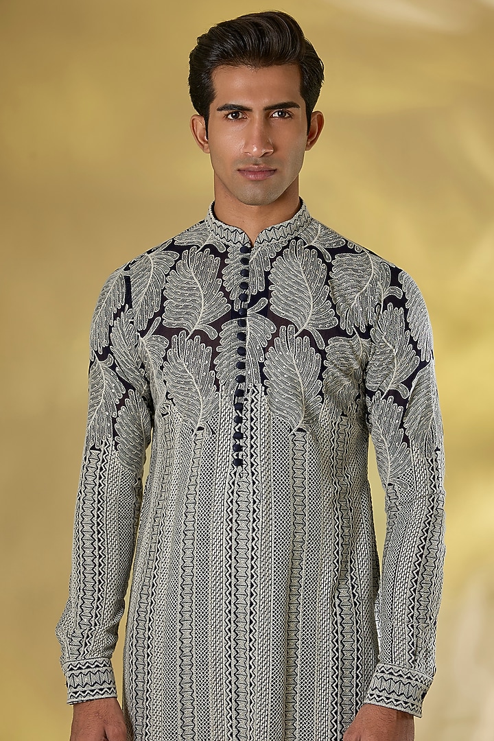 Dark Blue Georgette Thread Embroidered Kurta Set by Rabani & Rakha Men at Pernia's Pop Up Shop