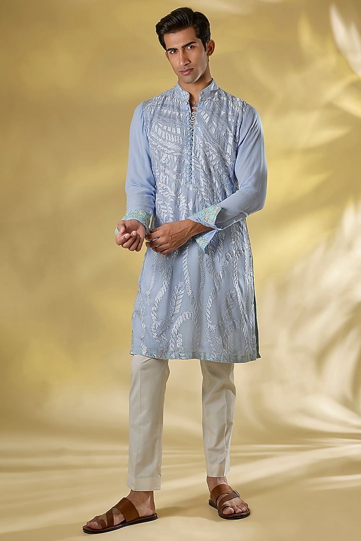 Pale Blue Georgette Thread Embroidered Kurta Set by Rabani & Rakha Men at Pernia's Pop Up Shop