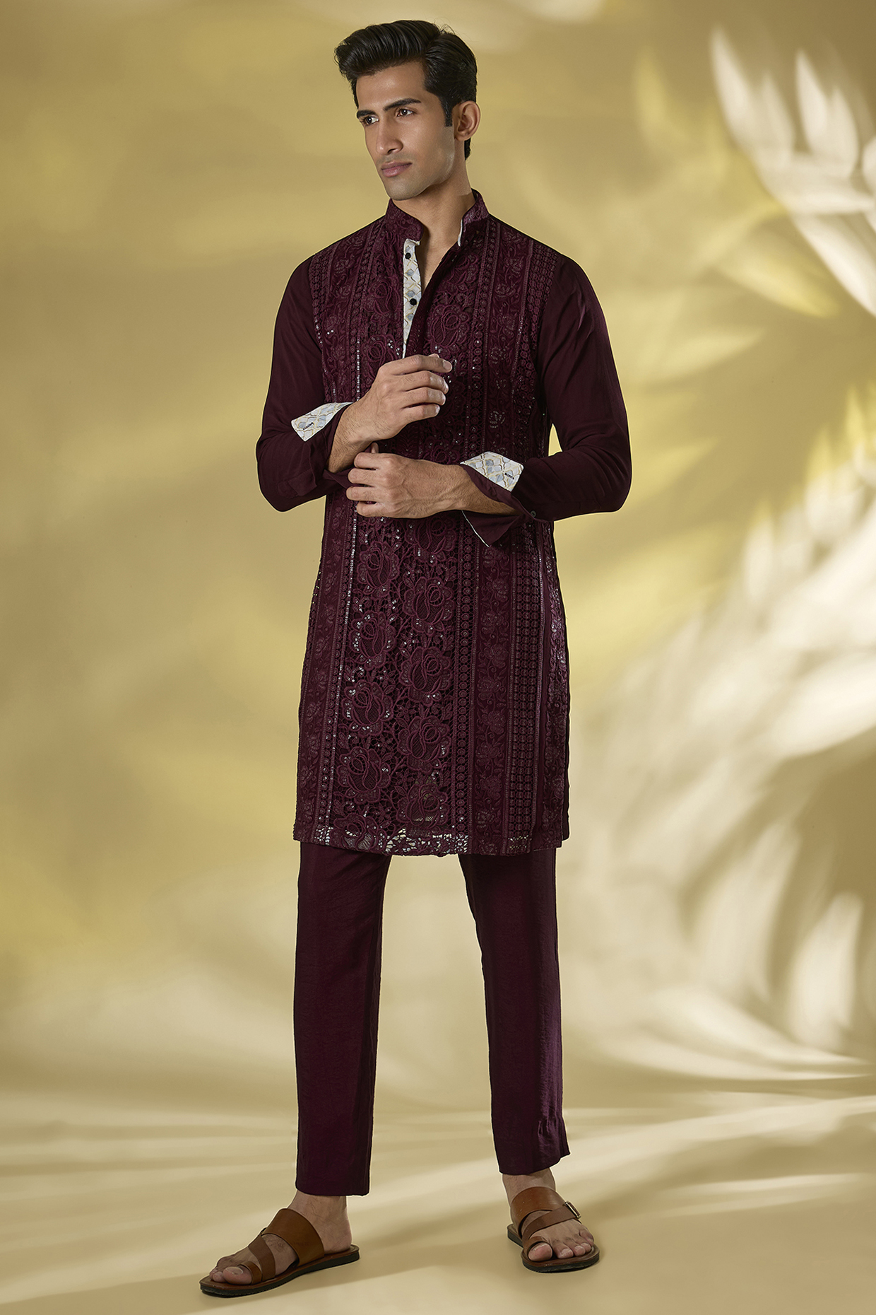 Oxblood Georgette Sequins Work Kurta Set by Rabani & Rakha Men