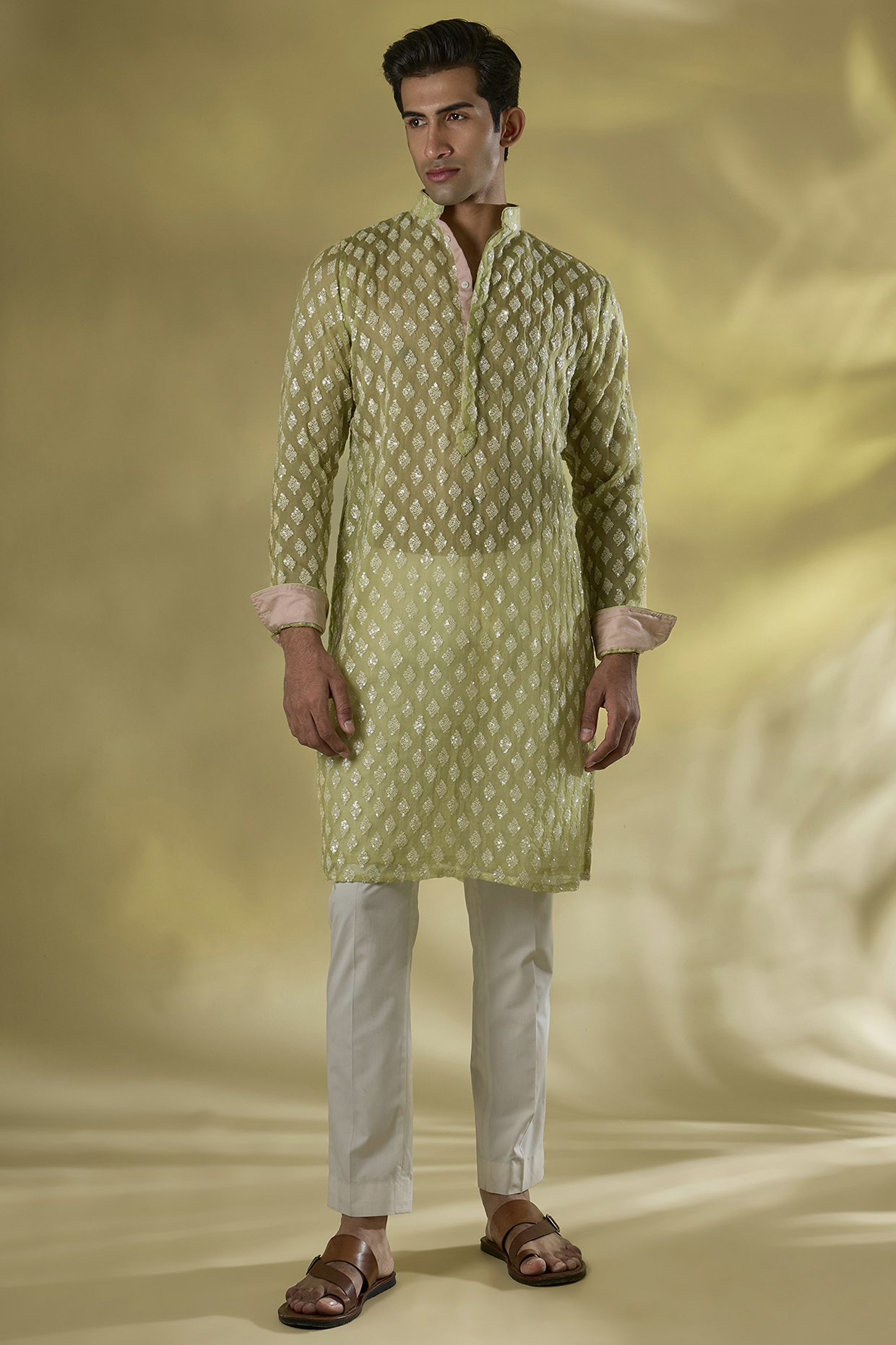 Lime Green Organza Sequins Embroidered Kurta Set by Rabani & Rakha Men