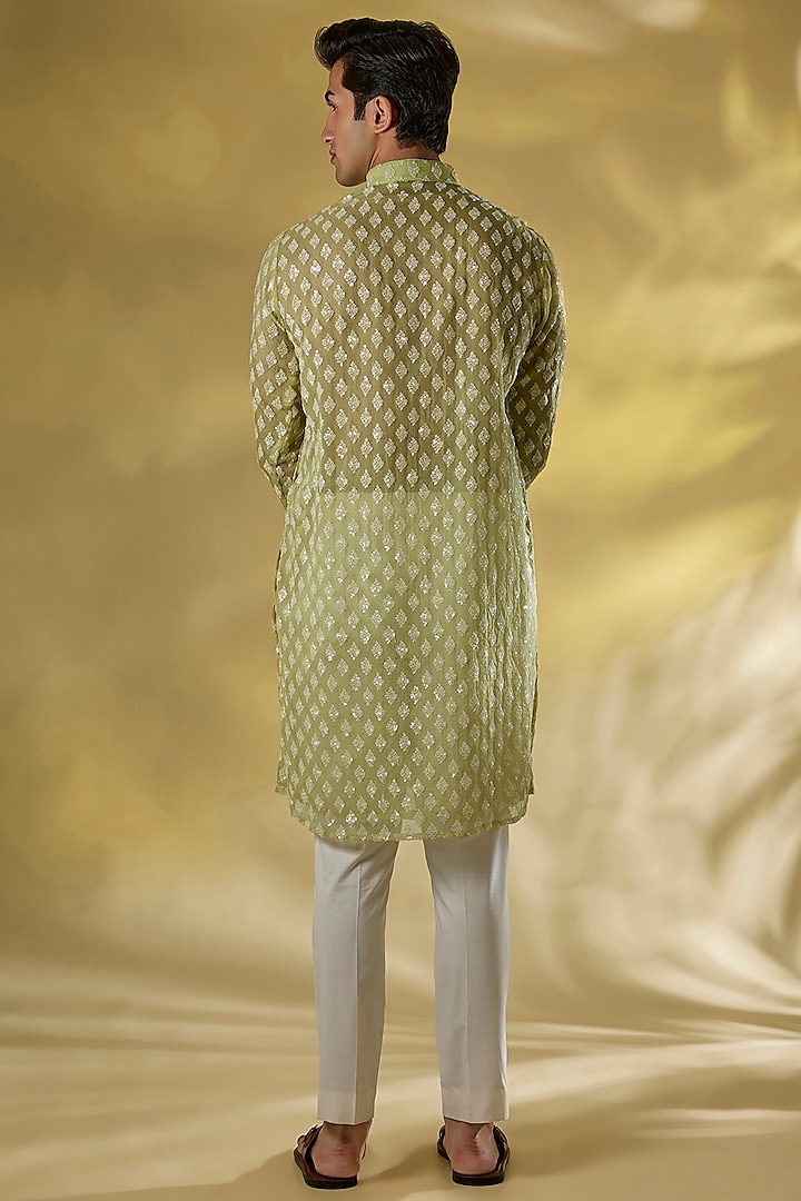 Lime Green Organza Sequins Embroidered Kurta Set by Rabani & Rakha Men at Pernia's Pop Up Shop
