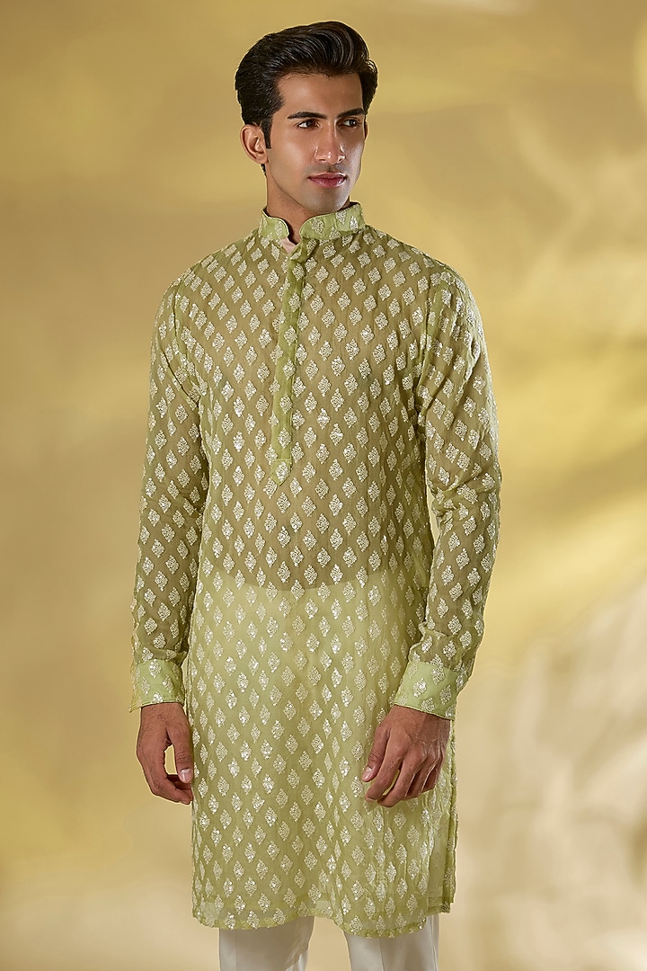 Lime Green Organza Sequins Embroidered Kurta Set by Rabani & Rakha Men at Pernia's Pop Up Shop