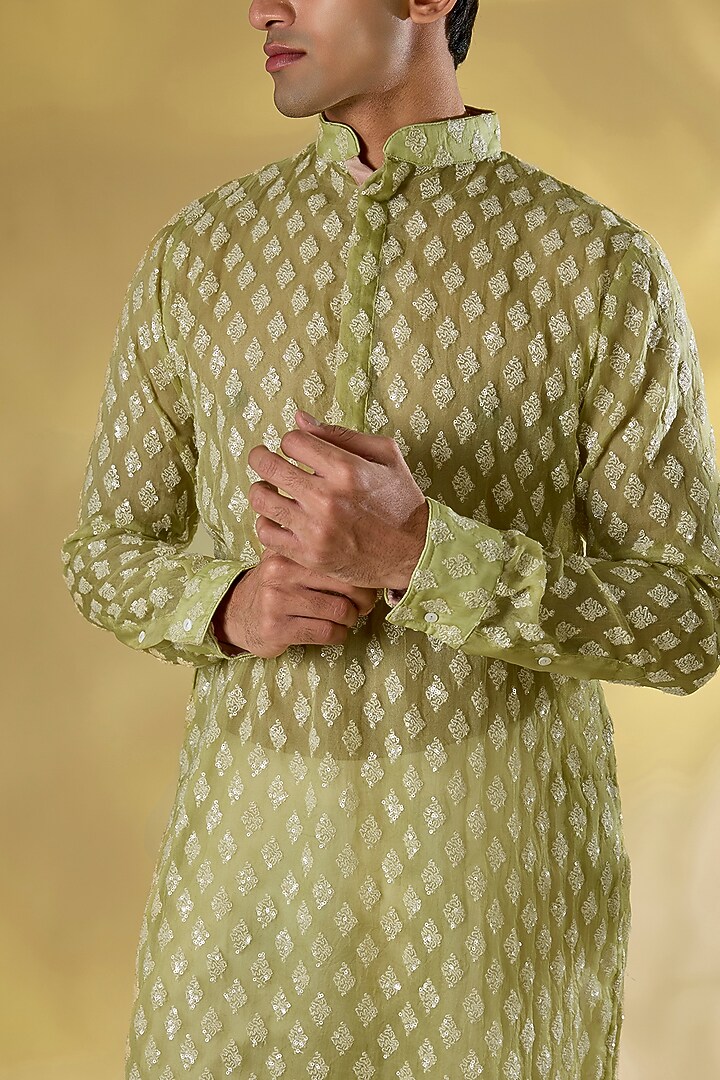 Lime Green Organza Sequins Embroidered Kurta Set by Rabani & Rakha Men at Pernia's Pop Up Shop