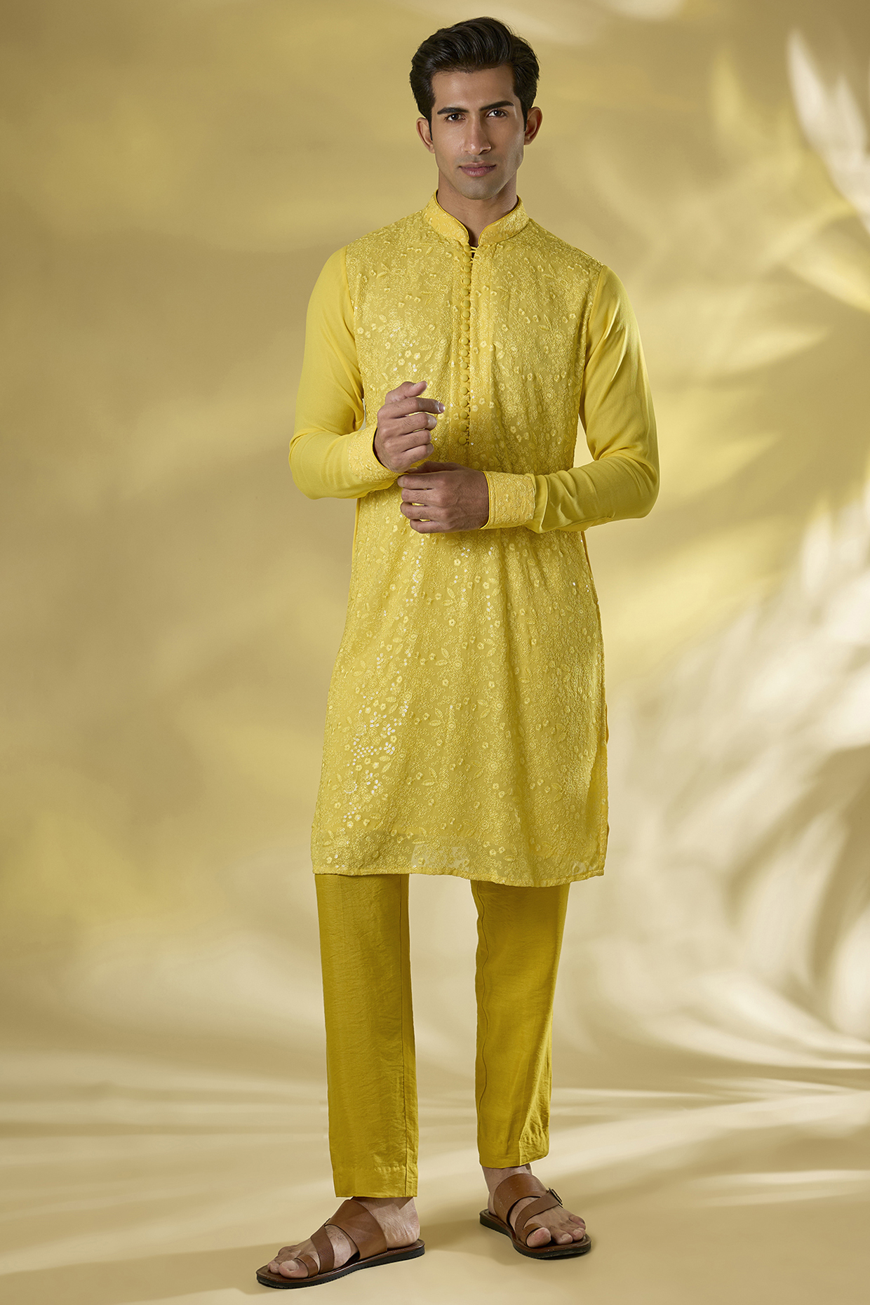 Yellow Organza Thread & Sequins Work Kurta Set by Rabani & Rakha Men
