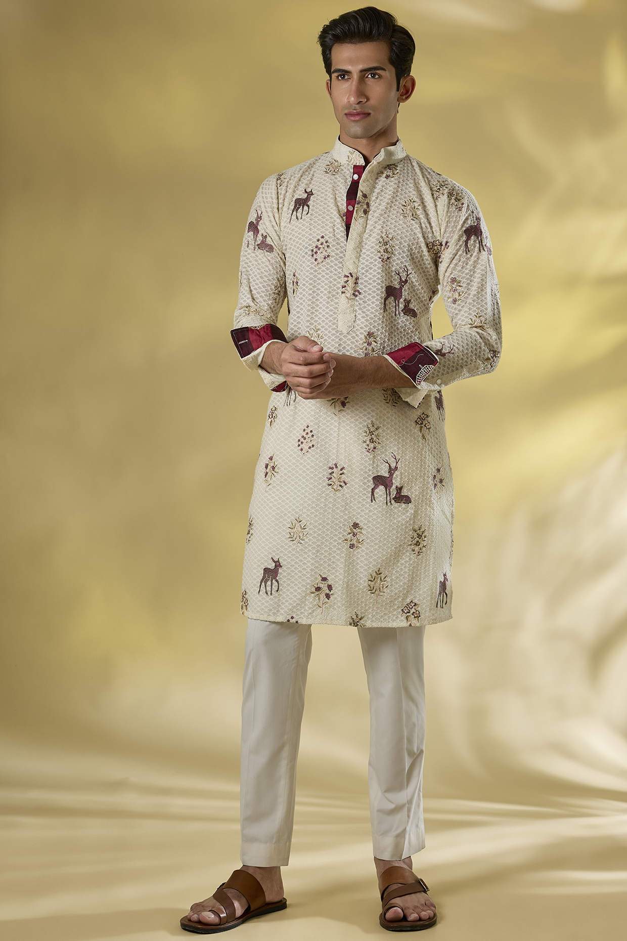 Cream Georgette Zari Work Kurta Set by Rabani & Rakha Men