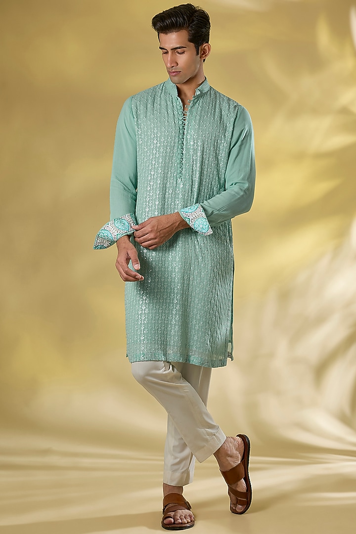 Pale Blue Georgette Thread & Sequins Embroidered Kurta Set by Rabani & Rakha Men at Pernia's Pop Up Shop