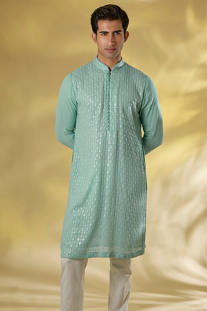 Pale Blue Georgette Thread & Sequins Embroidered Kurta Set by Rabani & Rakha Men at Pernia's Pop Up Shop