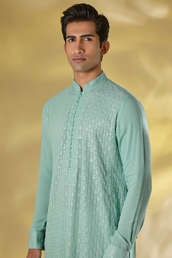 Pale Blue Georgette Thread & Sequins Embroidered Kurta Set by Rabani & Rakha Men at Pernia's Pop Up Shop