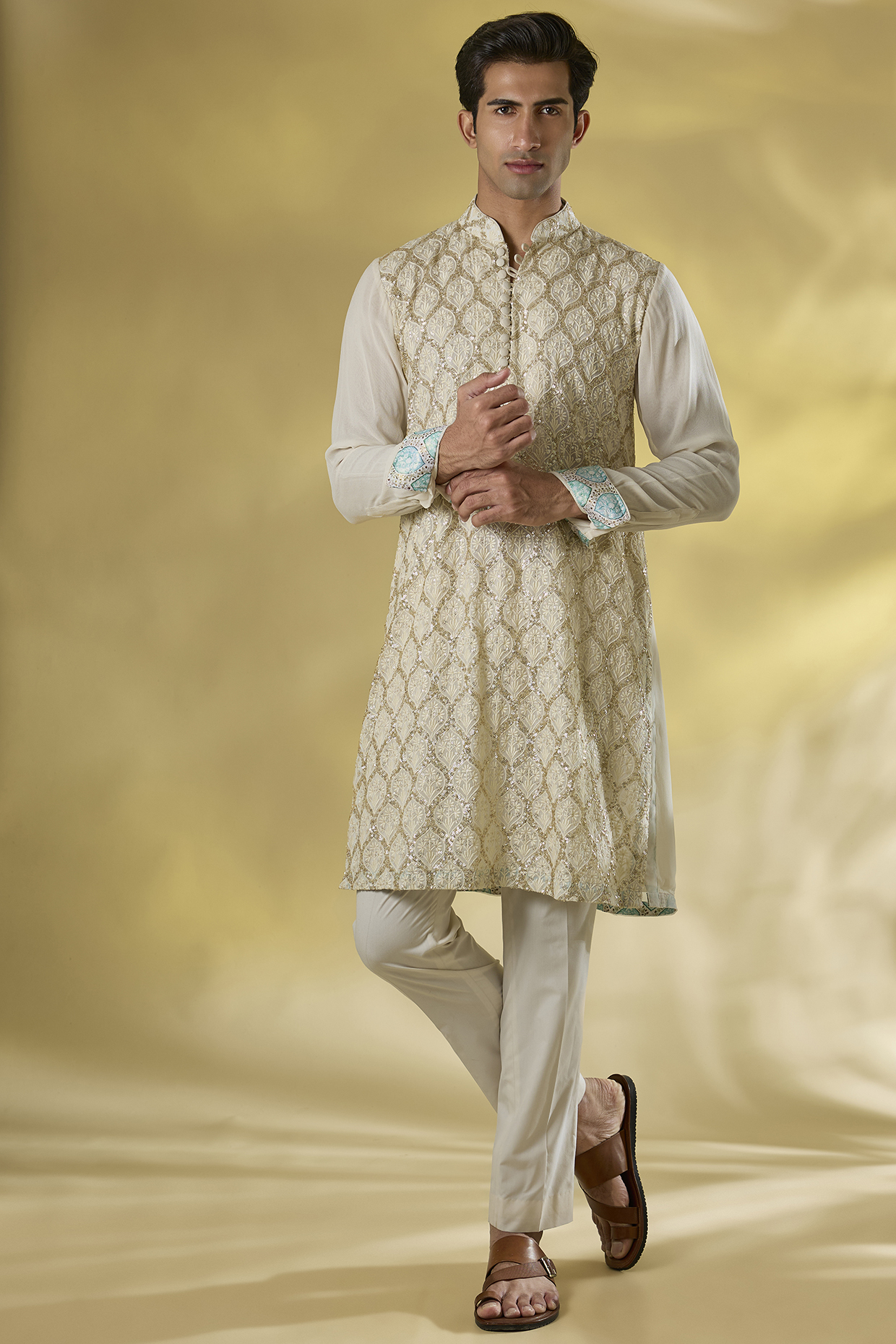 Ivory Georgette Thread & Sequins Embroidered Kurta Set by Rabani & Rakha Men