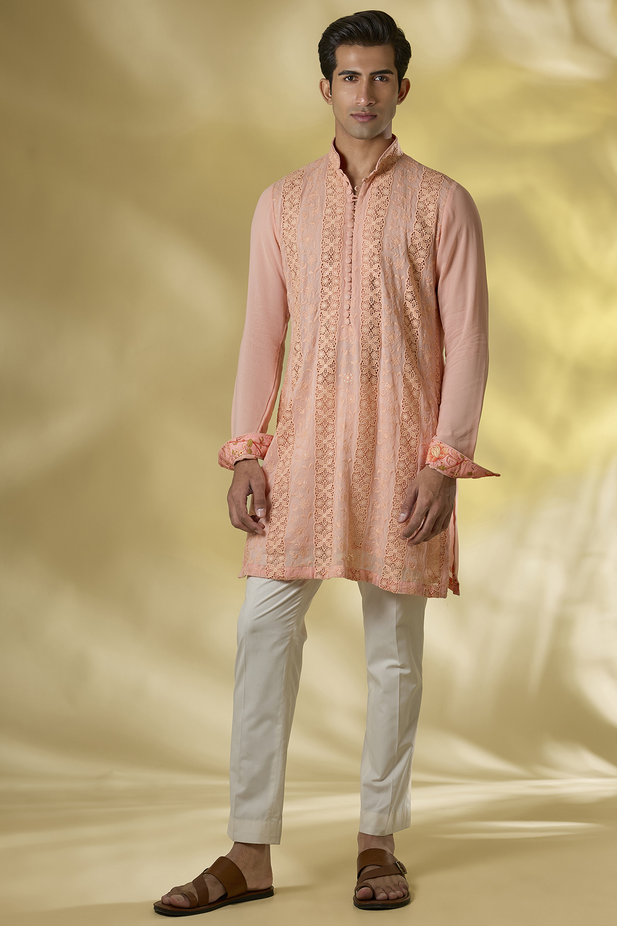 Pale Peach Georgette Thread & Sequins Work Kurta Set by Rabani & Rakha Men