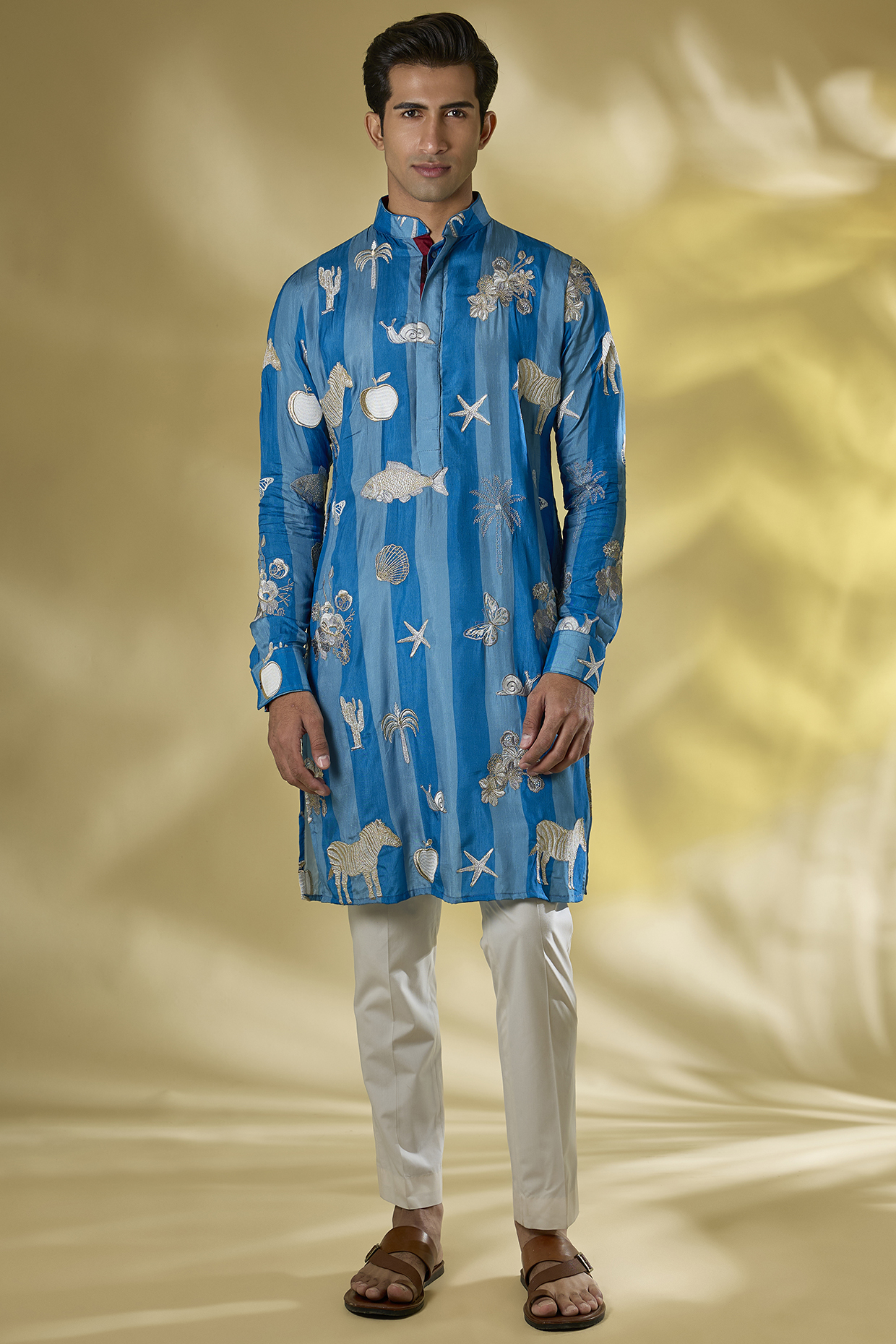 Turquoise Blue Stripe Silk Zari Work Kurta Set by Rabani & Rakha Men